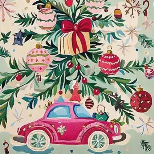 Festive hand-tufted wool rug featuring a playful Christmas car parade design. Ideal as an area rug for living rooms, this vibrant 8x10 rug showcases a pink car adorned with ornaments under a decorated tree. Perfect for adding a whimsical touch to your holiday decor.