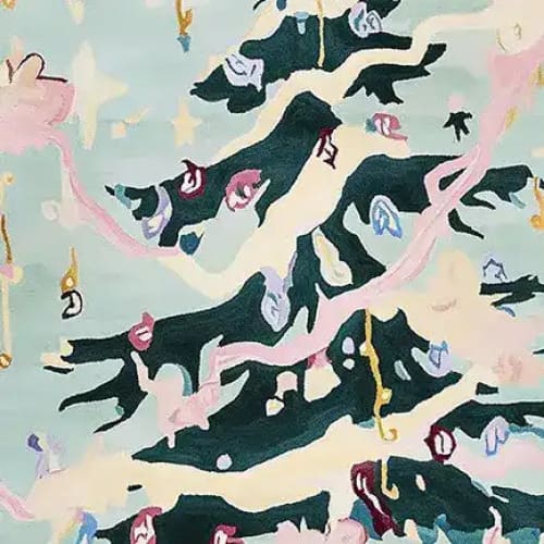 A vibrant and artistic area rug featuring a hand-tufted Christmas tree design. This wool rug showcases abstract shapes and colors, perfect for adding a festive touch to your living room. Ideal for those seeking unique rugs for living room spaces.