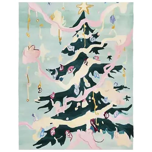 A vibrant Christmas Tree Magic Hand Tufted Area Rug with a whimsical design. This wool rug features a festive Christmas tree adorned with colorful decorations, ideal for adding holiday cheer to living room area rugs. Perfect choice for those seeking unique rugs for the living room.