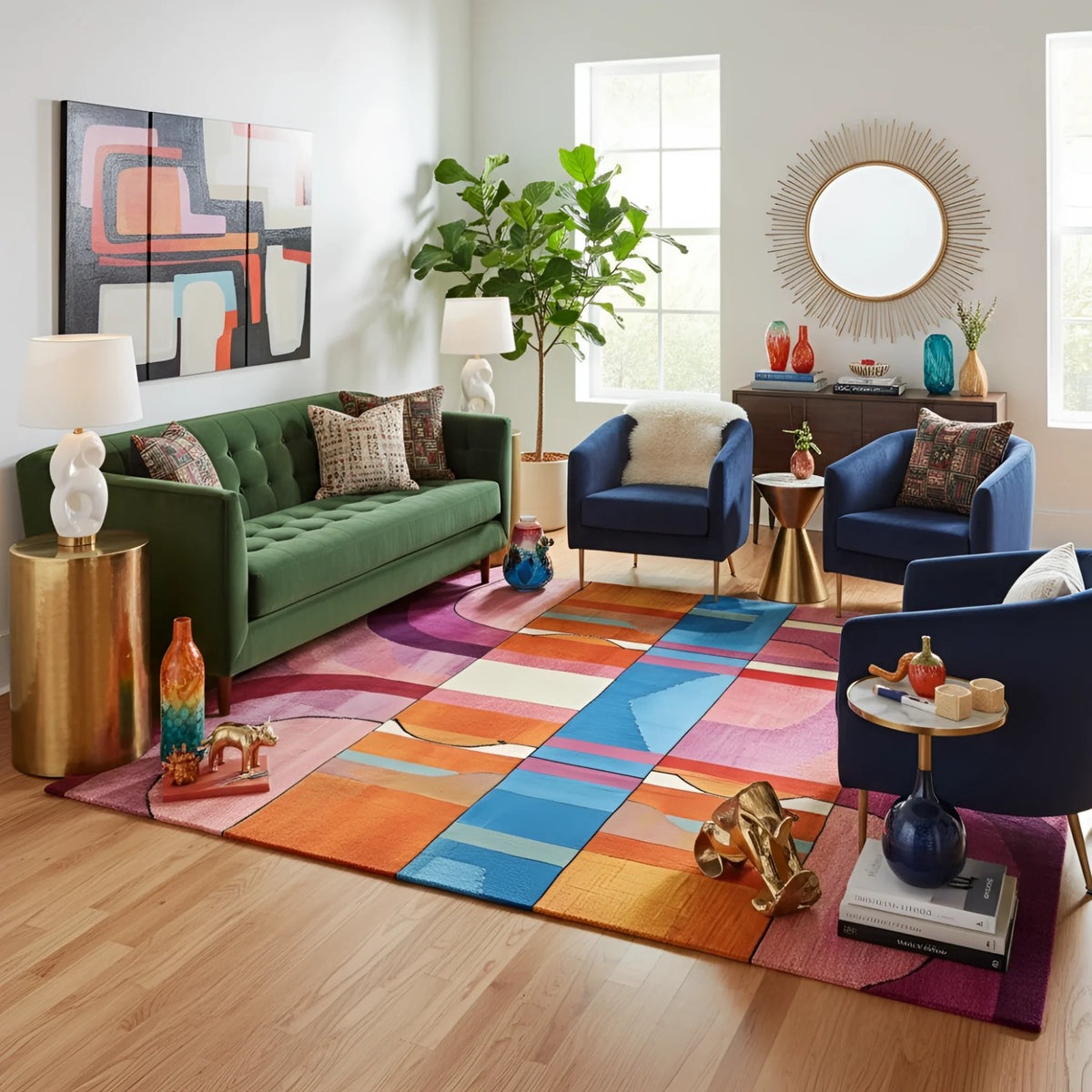 Modern living room with a green sofa, colorful rug, and decorative items.
