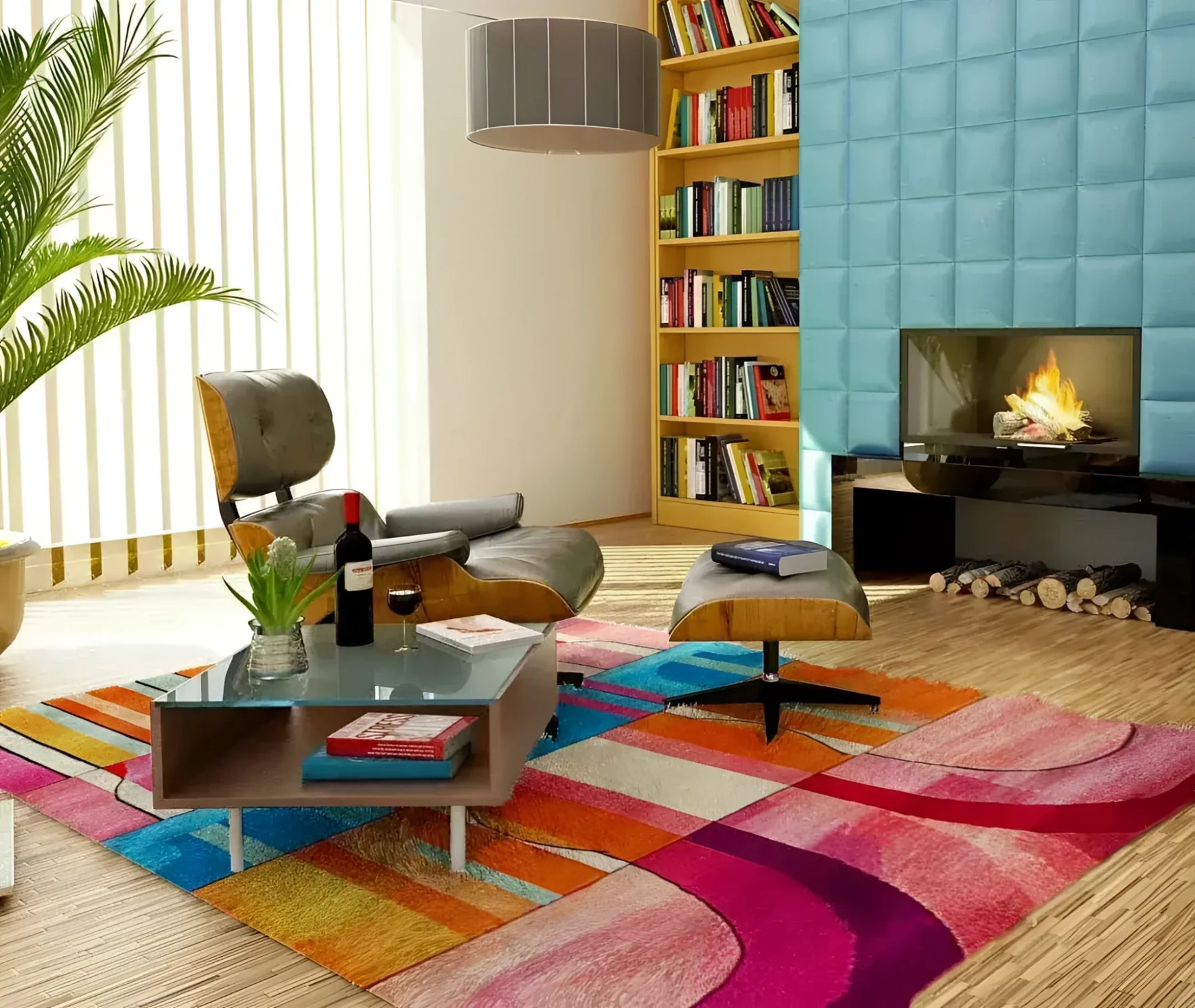 A vibrant Chroma Groove Hand Tufted Area Rug in a cozy living room setting. The large wool rug features bold, colorful abstract patterns, enhancing the modern decor with a fireplace, bookshelves, and comfortable seating. Perfect for living room and dining room rugs, this stylish piece adds warmth and character.