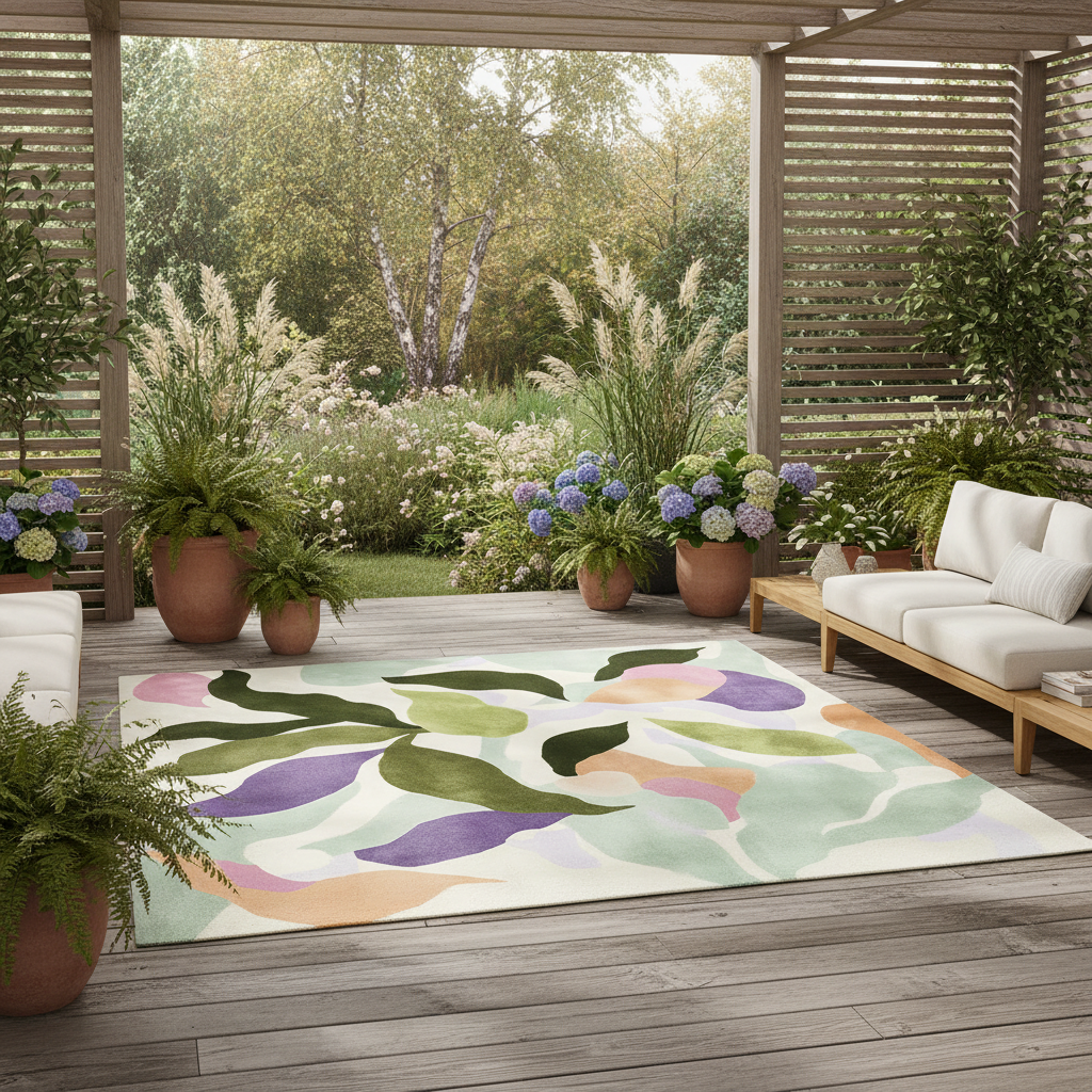 Outdoor patio with a colorful rug, plants, and furniture.