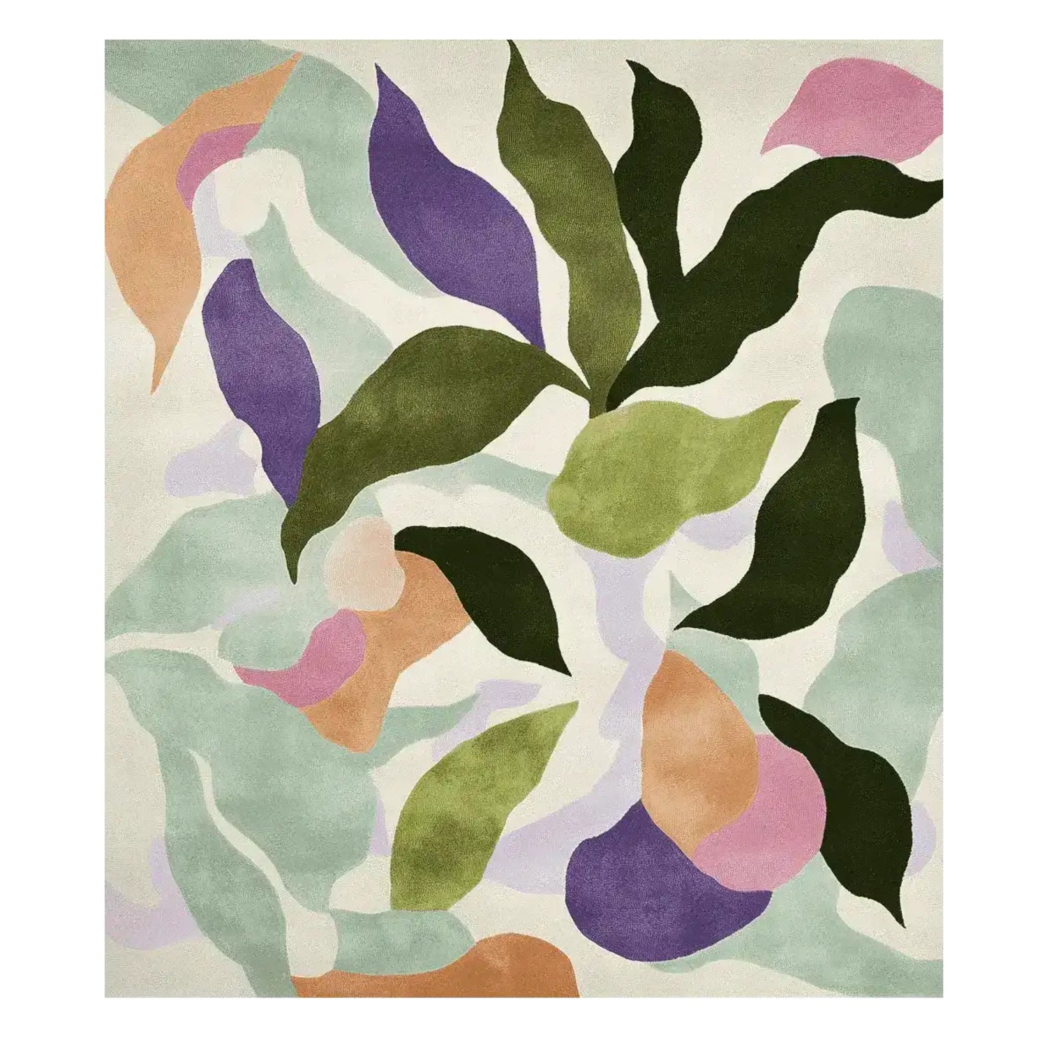A vibrant, hand-tufted area rug featuring an abstract, contemporary design with colorful leaf patterns in shades of green, purple, and orange. This large living room rug, measuring 8x10, is crafted from high-quality wool, adding a stylish touch to any modern space.