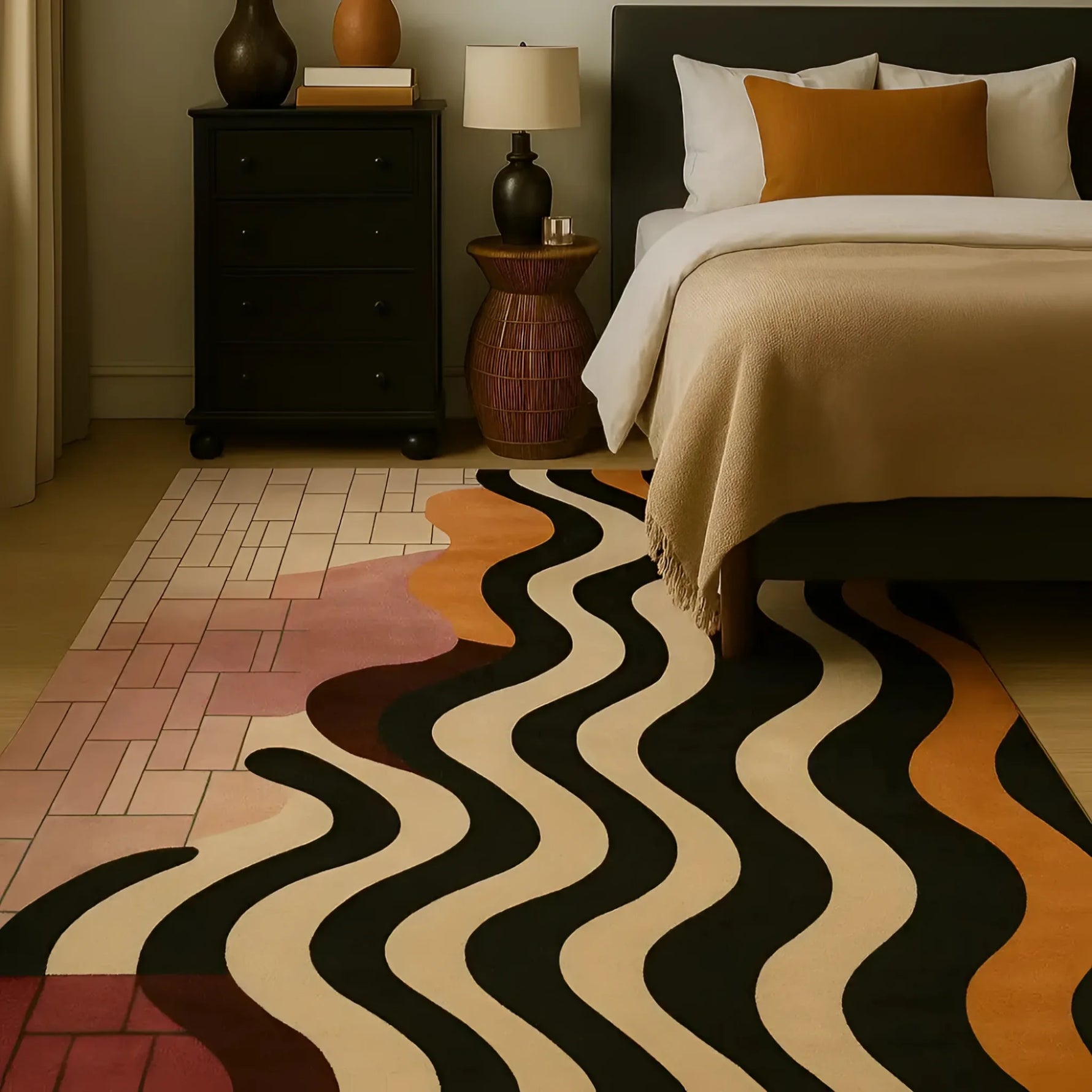 Elegant Chroma Waves Hand Tufted Area Rug featuring bold wavy patterns in black, beige, and terracotta, placed in a cozy bedroom setting. Perfect for adding a modern touch to office spaces or as a large area rug in the living room. This wool rug enhances the warmth and style of the room.