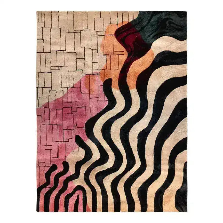 Stylish Chroma Waves Hand Tufted Area Rug featuring a vibrant abstract design with wavy black and beige patterns, perfect for adding a modern touch to your office or living room. This large wool rug beautifully combines geometric shapes and dynamic lines, making it an ideal choice for those seeking unique office rugs or large area rugs for the living room.