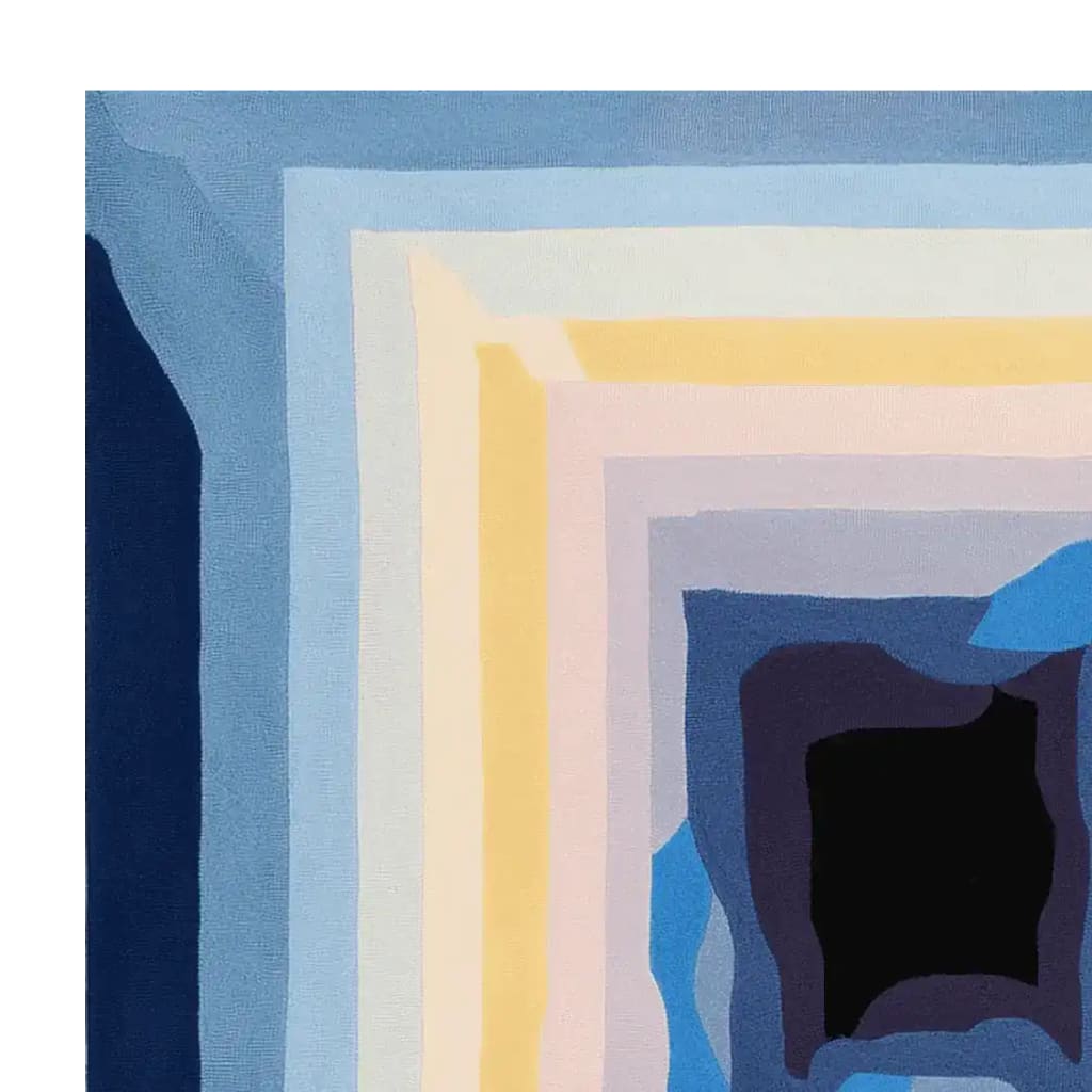 Vibrant hand-tufted area rug featuring a contemporary abstract design with layers of blue, yellow, and cream tones, perfect for adding a modern touch to living room spaces. This square wool rug is ideal for those seeking a stylish square area rug to enhance their decor.