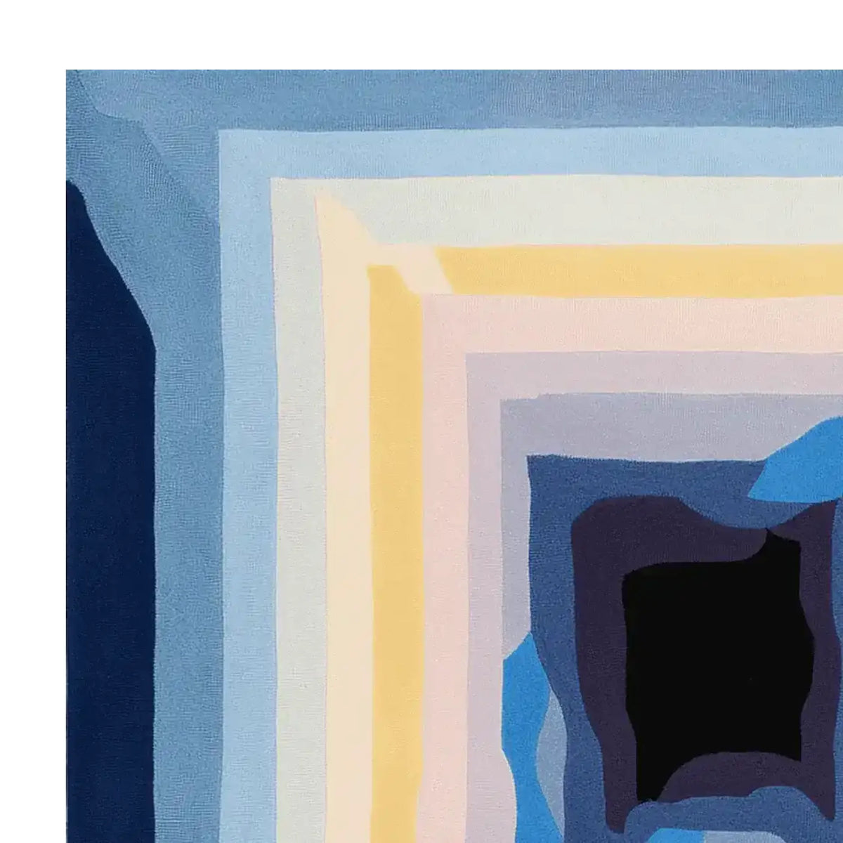 Vibrant hand-tufted area rug featuring a contemporary abstract design with layers of blue, yellow, and cream tones, perfect for adding a modern touch to living room spaces. This square wool rug is ideal for those seeking a stylish square area rug to enhance their decor.