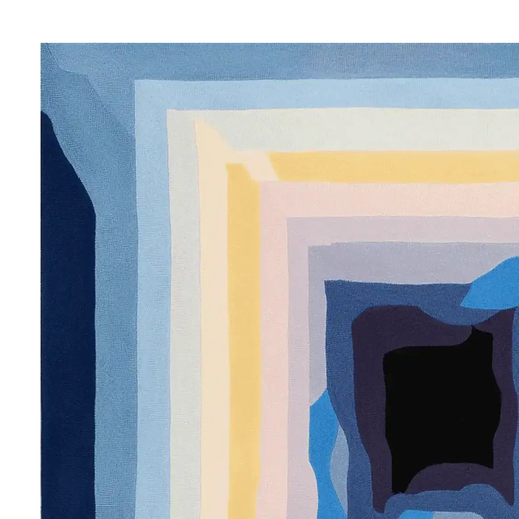 Vibrant hand-tufted area rug featuring a contemporary abstract design with layers of blue, yellow, and cream tones, perfect for adding a modern touch to living room spaces. This square wool rug is ideal for those seeking a stylish square area rug to enhance their decor.