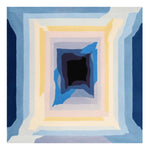 A vibrant square area rug with a contemporary design, featuring concentric layers of blue, yellow, and cream hues radiating from the center. This hand-tufted wool rug adds a modern touch to any large living room, perfectly combining style and comfort.