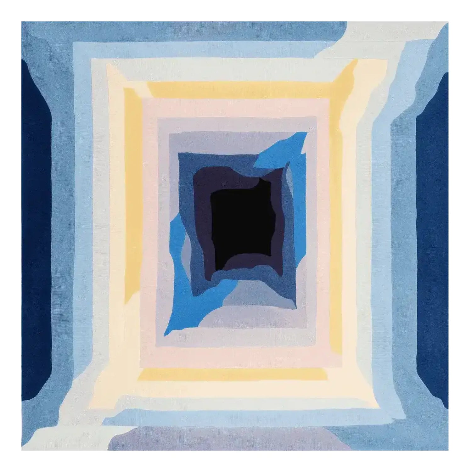 A vibrant square area rug with a contemporary design, featuring concentric layers of blue, yellow, and cream hues radiating from the center. This hand-tufted wool rug adds a modern touch to any large living room, perfectly combining style and comfort.