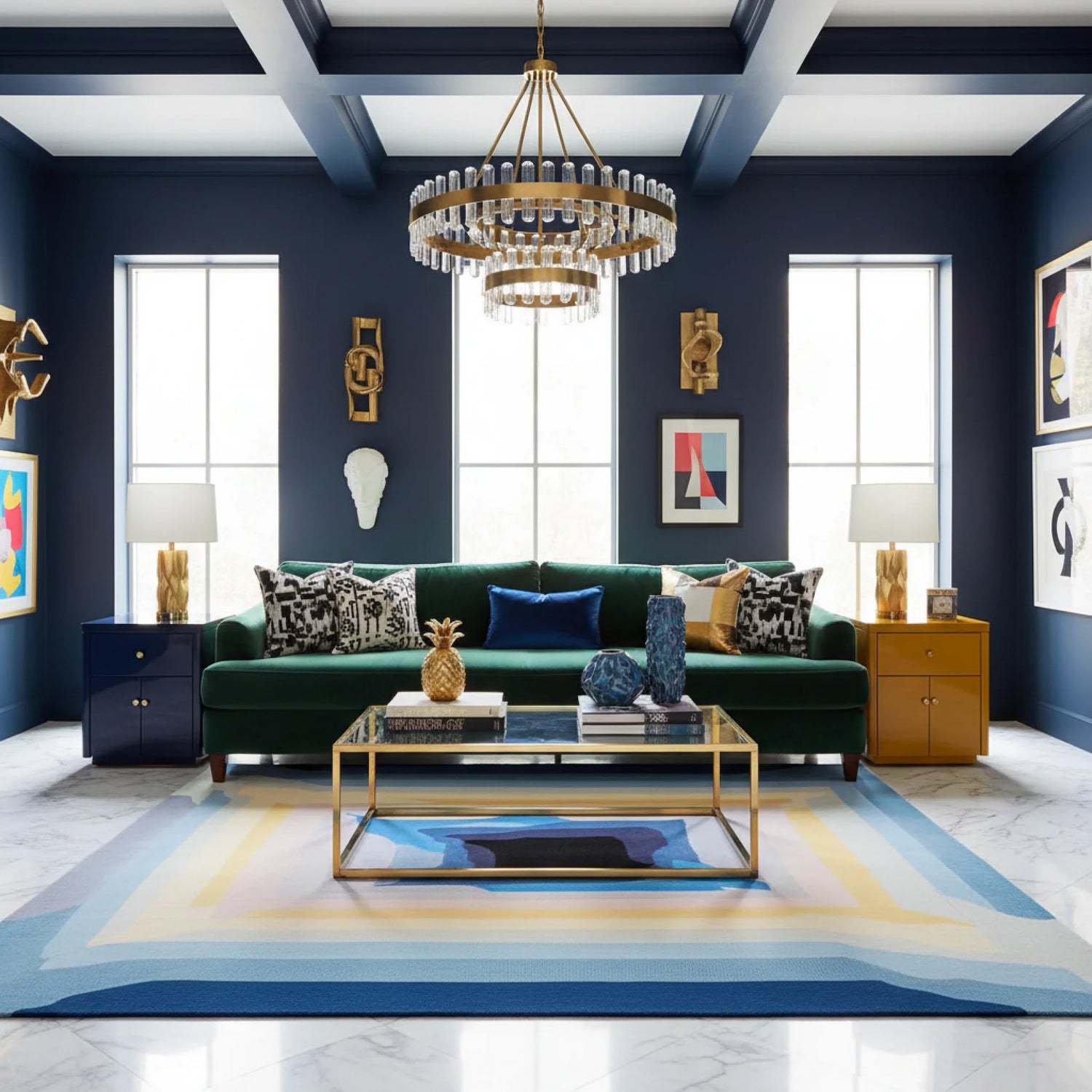 Modern living room with a green sofa, gold coffee table, a contemporary hand-tufted wool rug, and decorative elements.