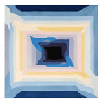 A vibrant, square, hand-tufted area rug featuring a contemporary design with concentric rectangles in shades of blue, yellow, and cream, perfect for adding a modern touch to large living room spaces.