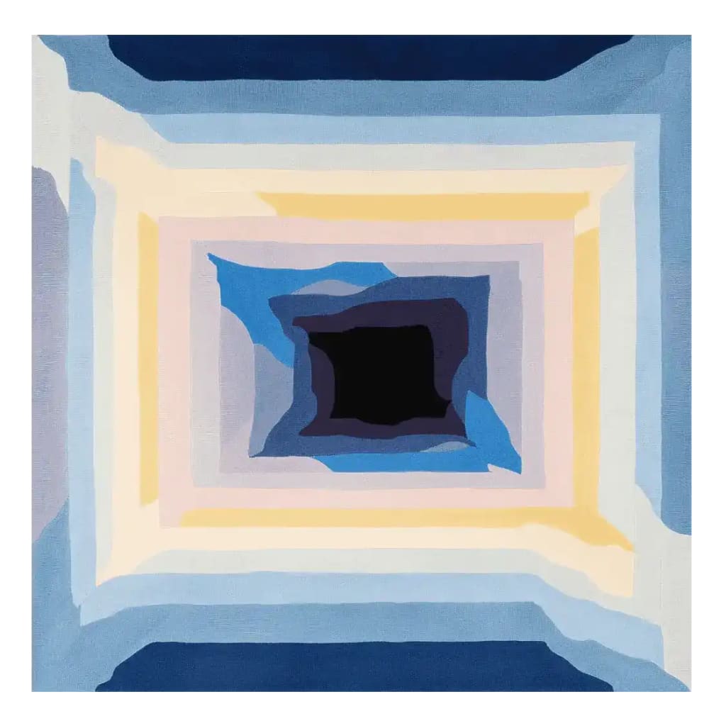 A vibrant, square, hand-tufted area rug featuring a contemporary design with concentric rectangles in shades of blue, yellow, and cream, perfect for adding a modern touch to large living room spaces.