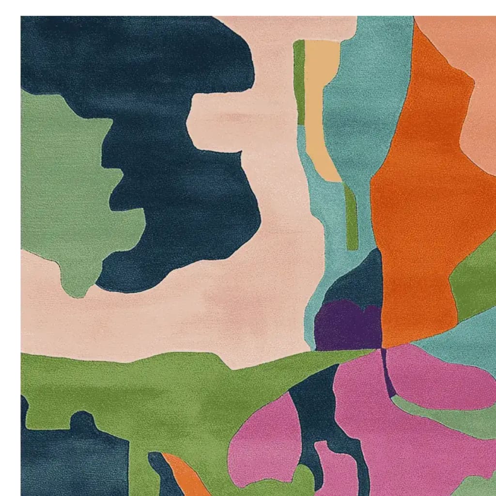 A vibrant and artistic area rug featuring an abstract design with bold colors like orange, green, pink, and blue. Perfect for adding a contemporary touch to your living room, this square wool rug measures 8x10, ideal for modern home decor.