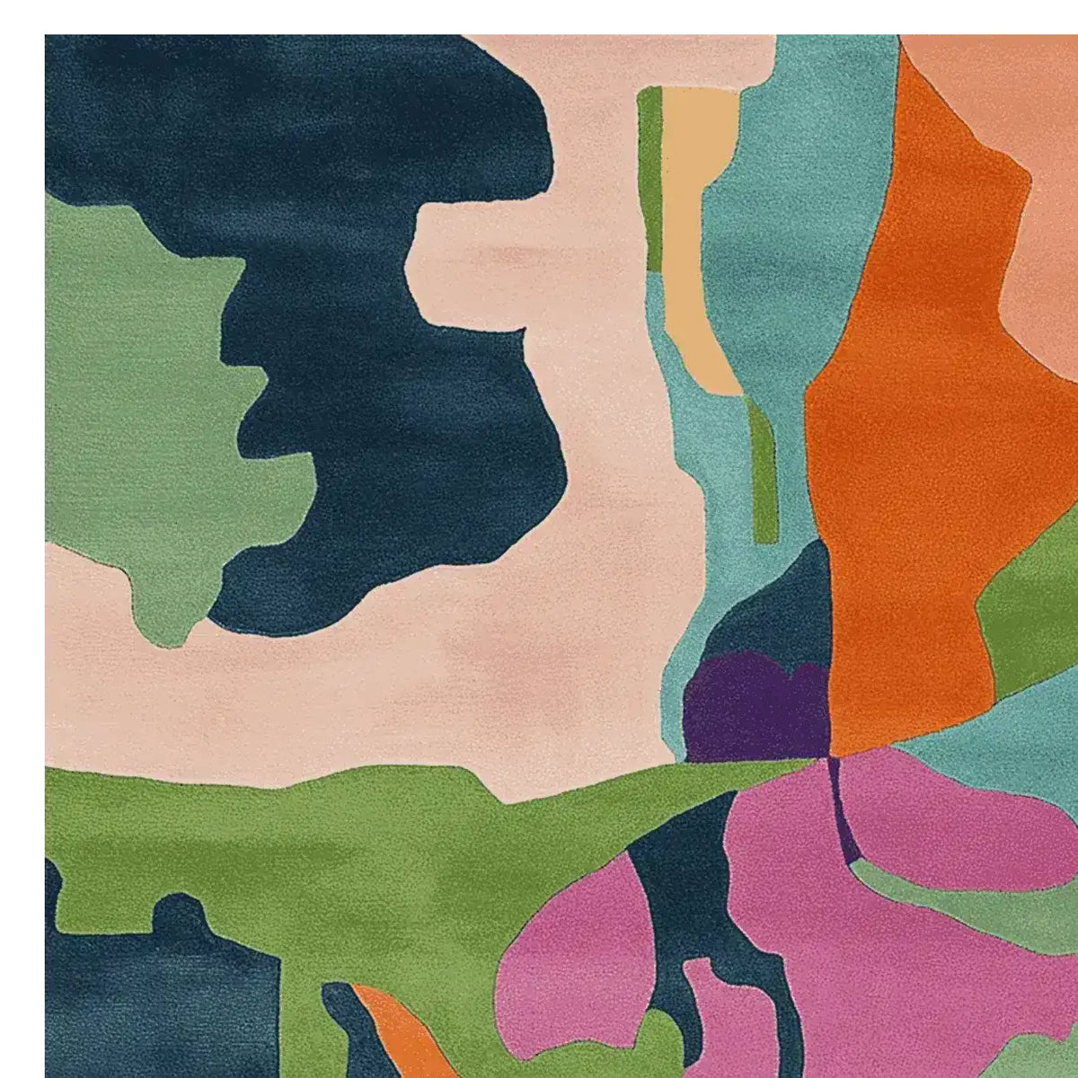 A vibrant and artistic area rug featuring an abstract design with bold colors like orange, green, pink, and blue. Perfect for adding a contemporary touch to your living room, this square wool rug measures 8x10, ideal for modern home decor.