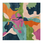 Vibrant square area rug featuring an abstract design with bold colors like orange, green, pink, and blue. Ideal for contemporary living room spaces, this 8x10 hand-tufted wool rug adds a modern touch to any decor.