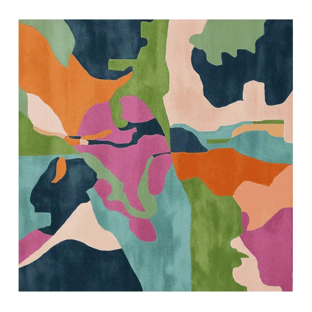 Vibrant square area rug featuring an abstract design with bold colors like orange, green, pink, and blue. Ideal for contemporary living room spaces, this 8x10 hand-tufted wool rug adds a modern touch to any decor.