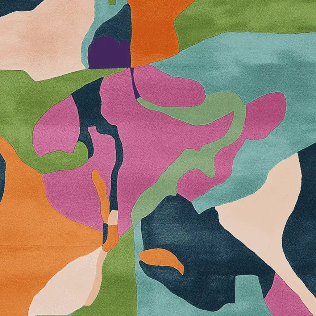 Vibrant abstract design on a hand-tufted area rug, featuring a mix of colorful shapes in orange, green, purple, and blue. Ideal as a contemporary square rug for living rooms, this wool rug adds a modern touch to any space.