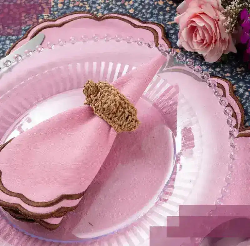 Cinnamon Swirl placemat pink with brown scalloped edge, crystal charger, pink napkin and jute napkin ring