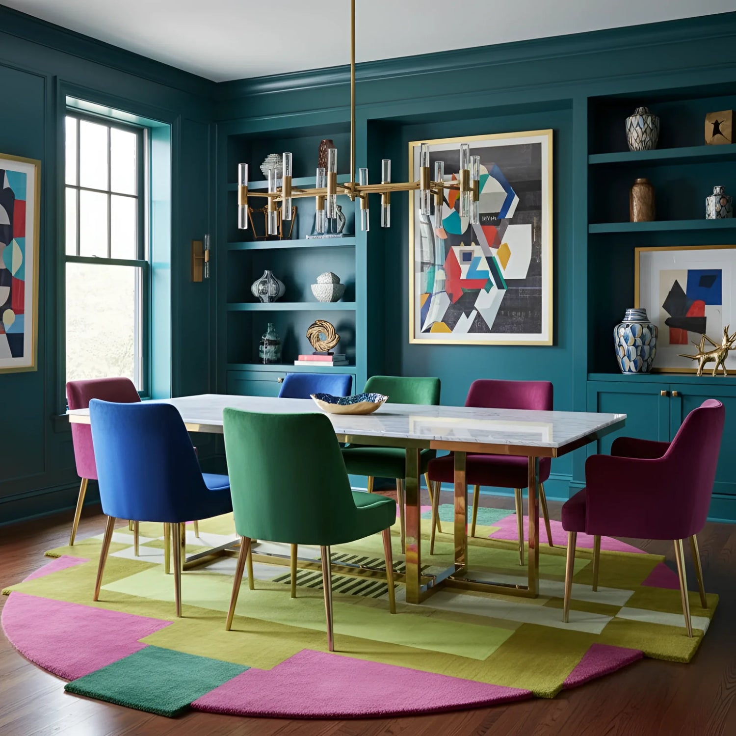 Modern dining room with colorful chairs and a geometric rug.