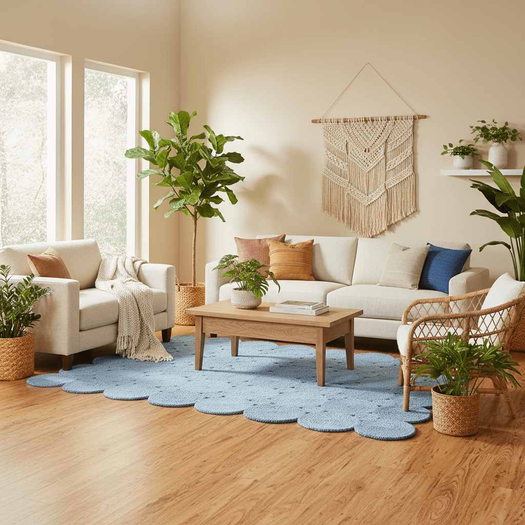 living room boho style with blue jute rug