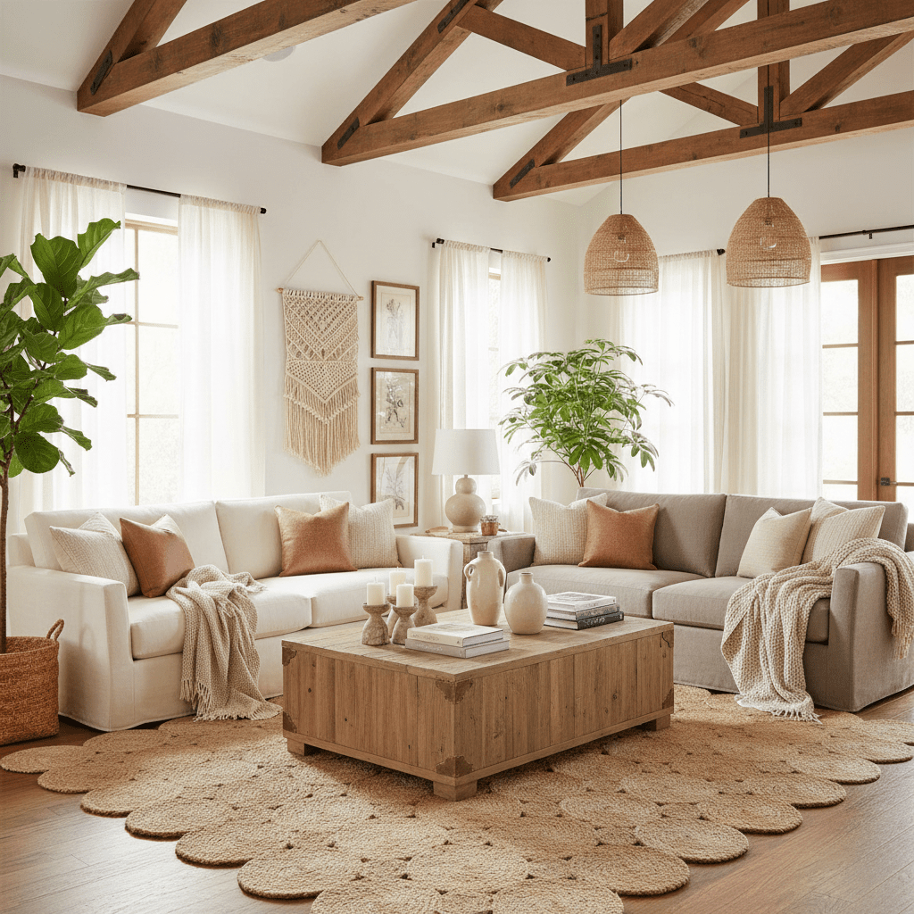 Cozy living room with beige sofas, wooden coffee table, jute rug, and decorative elements.