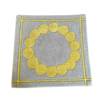 A stylish gray area rug featuring a contemporary design with a circle of yellow suns in the center, perfect for a modern bedroom. This square hand-tufted wool rug brings a touch of elegance and warmth as a bedroom area rug.