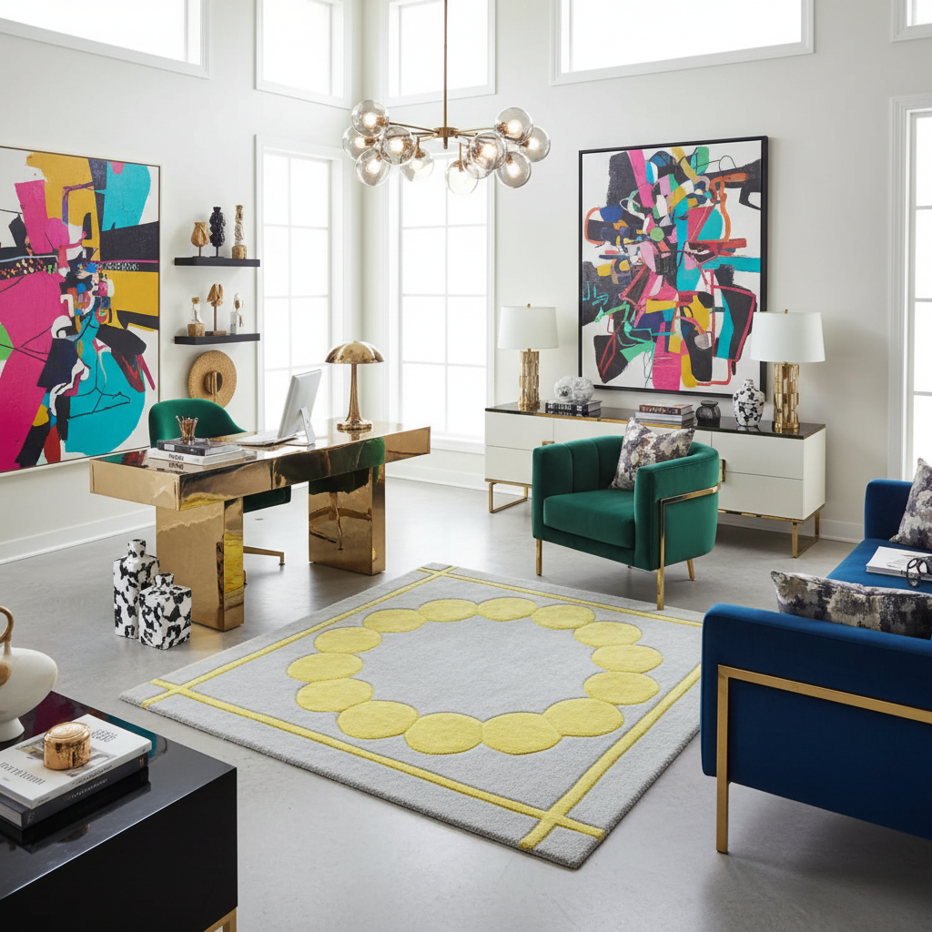 Modern living room with gold desk, green armchair, and colorful abstract square rug.