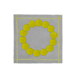 Top view of the Circle of Suns Square Hand Tufted Wool Rug in gray, featuring a unique circular pattern of yellow dots. This elegant area rug is perfect for adding a touch of style to your living room. Ideal for large living room spaces, this 8x10 wool rug combines durability with modern design.