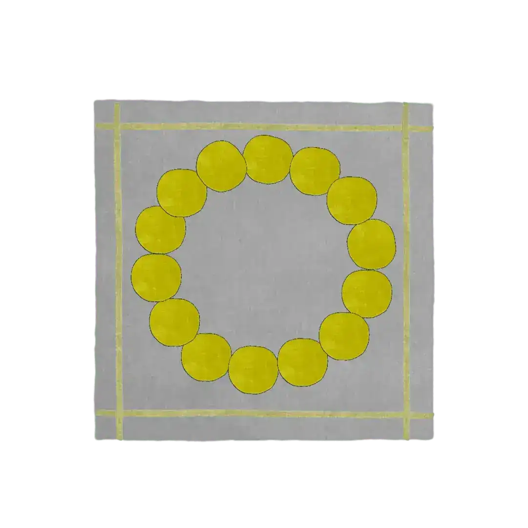 Top view of the Circle of Suns Square Hand Tufted Wool Rug in gray, featuring a unique circular pattern of yellow dots. This elegant area rug is perfect for adding a touch of style to your living room. Ideal for large living room spaces, this 8x10 wool rug combines durability with modern design.