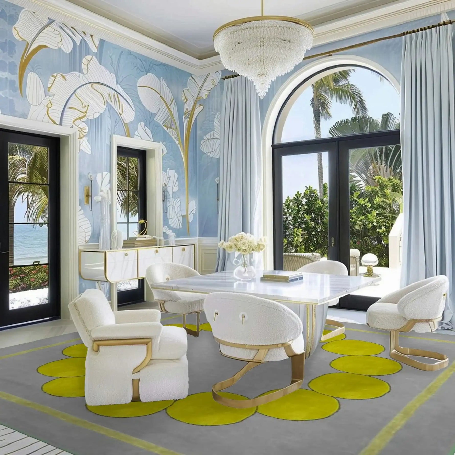 A stylish contemporary area rug in a gray and yellow pattern enhances the elegance of a sophisticated bedroom setting. This square wool rug complements the modern decor, serving as a perfect square area rug for bedroom spaces. Surrounded by chic furniture and a scenic view, the rug adds warmth and style to the room.