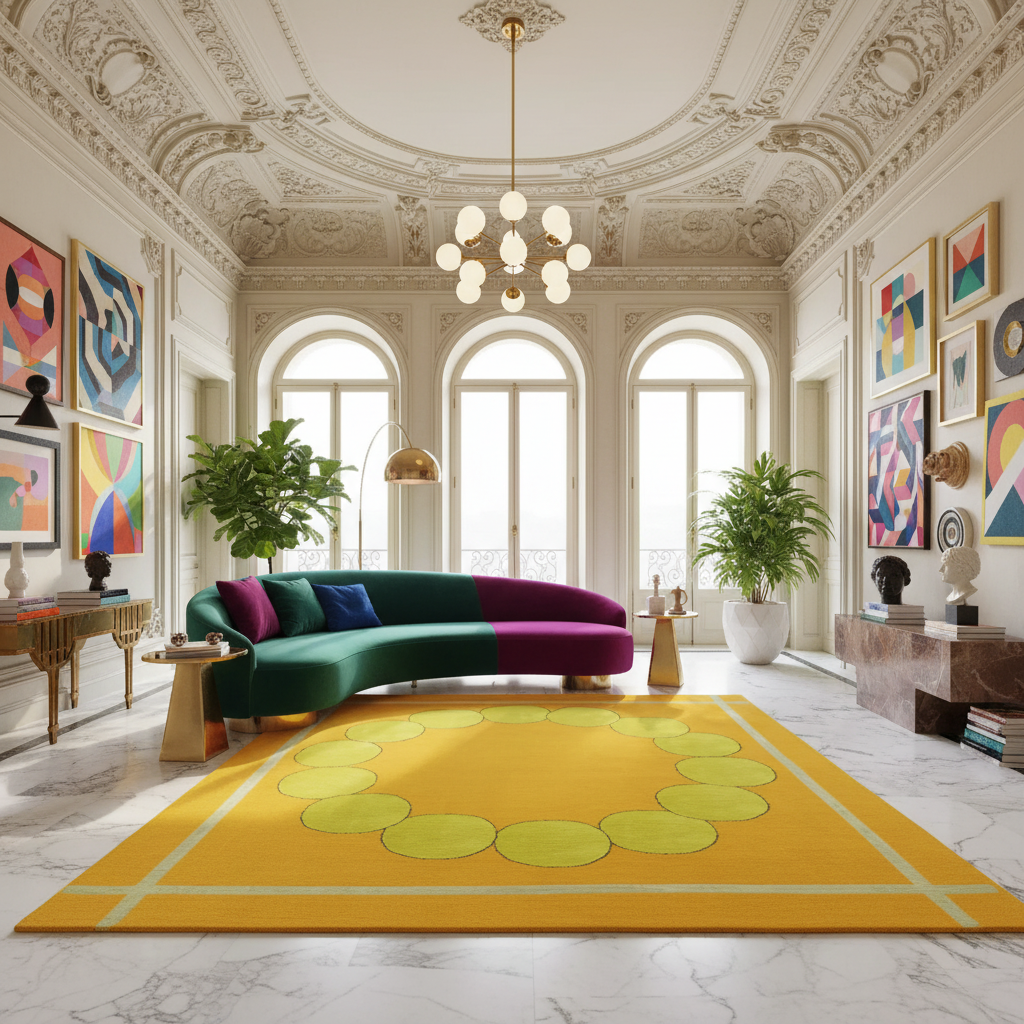 Modern living room with a colorful sofa, yellow rug, and decorative elements.