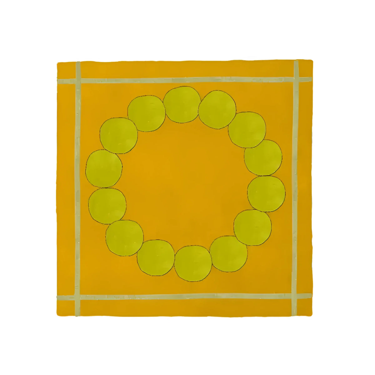 A vibrant Circle of Suns square hand-tufted wool area rug in orange, featuring a unique circular pattern at the center. This stylish design is perfect for enhancing living room and dining room spaces, adding warmth and texture to any setting.