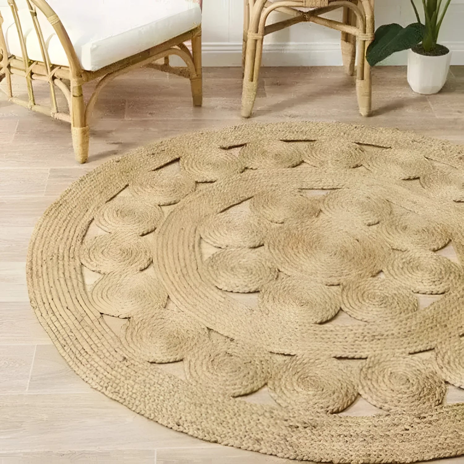 This image features an elegant Circles of Life Jute Rug, measuring 8' x 8', placed in a cozy dining room setting. The round area rug showcases a beautiful woven pattern, perfect for dining room area rugs or adding a natural touch to an office space. Its intricate jute design complements the wooden floor and rattan furniture, creating a warm and inviting atmosphere.