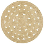 A beautifully crafted round jute rug with an intricate circular pattern, perfect for enhancing the style of any dining room or office space. This natural fiber area rug complements a variety of decors, making it an ideal choice for those seeking dining room area rugs or office accents.