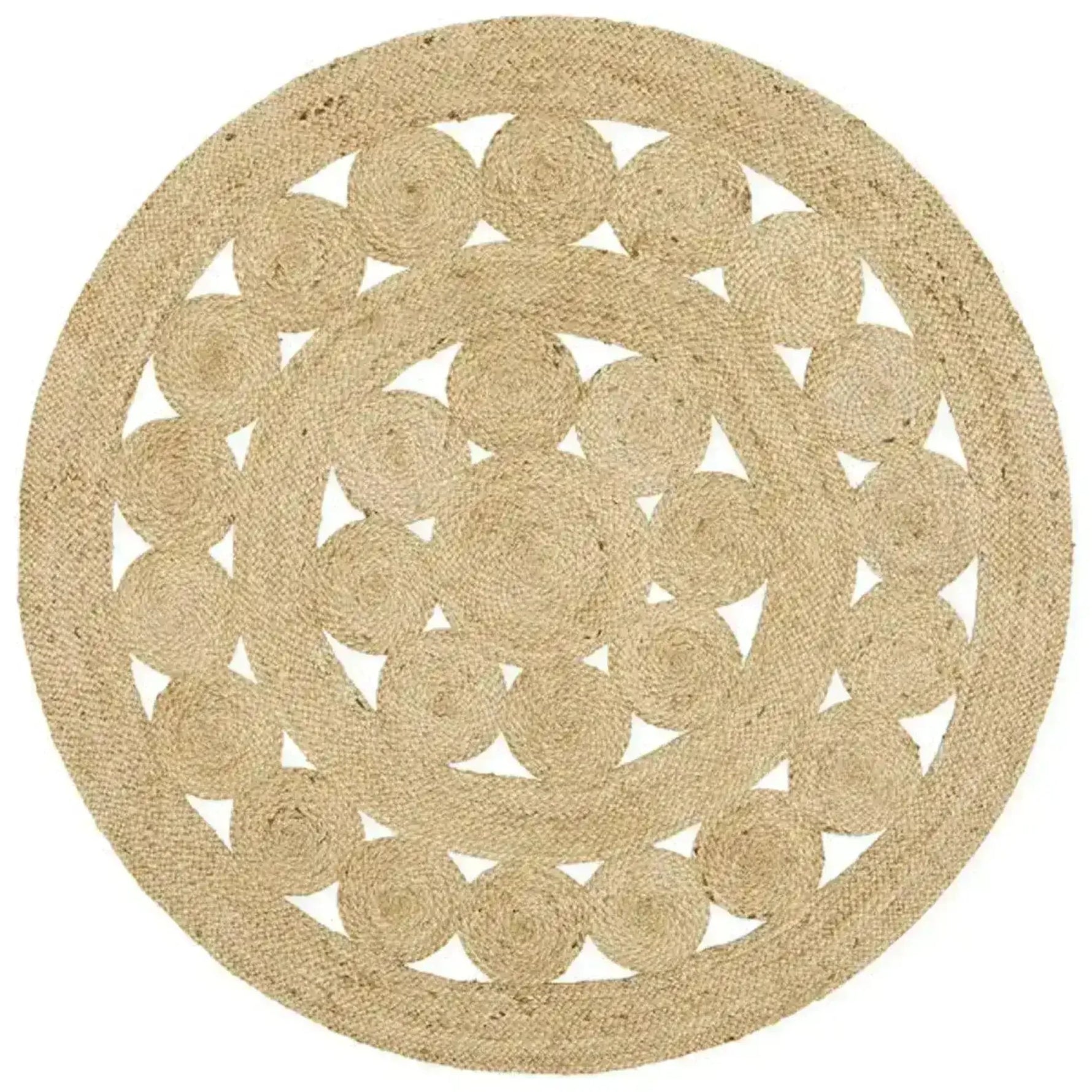 A beautifully crafted round jute rug with an intricate circular pattern, perfect for enhancing the style of any dining room or office space. This natural fiber area rug complements a variety of decors, making it an ideal choice for those seeking dining room area rugs or office accents.