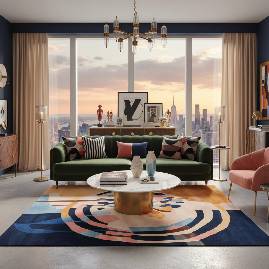 Modern living room with a cityscape view, green sofa, and decorative rug.