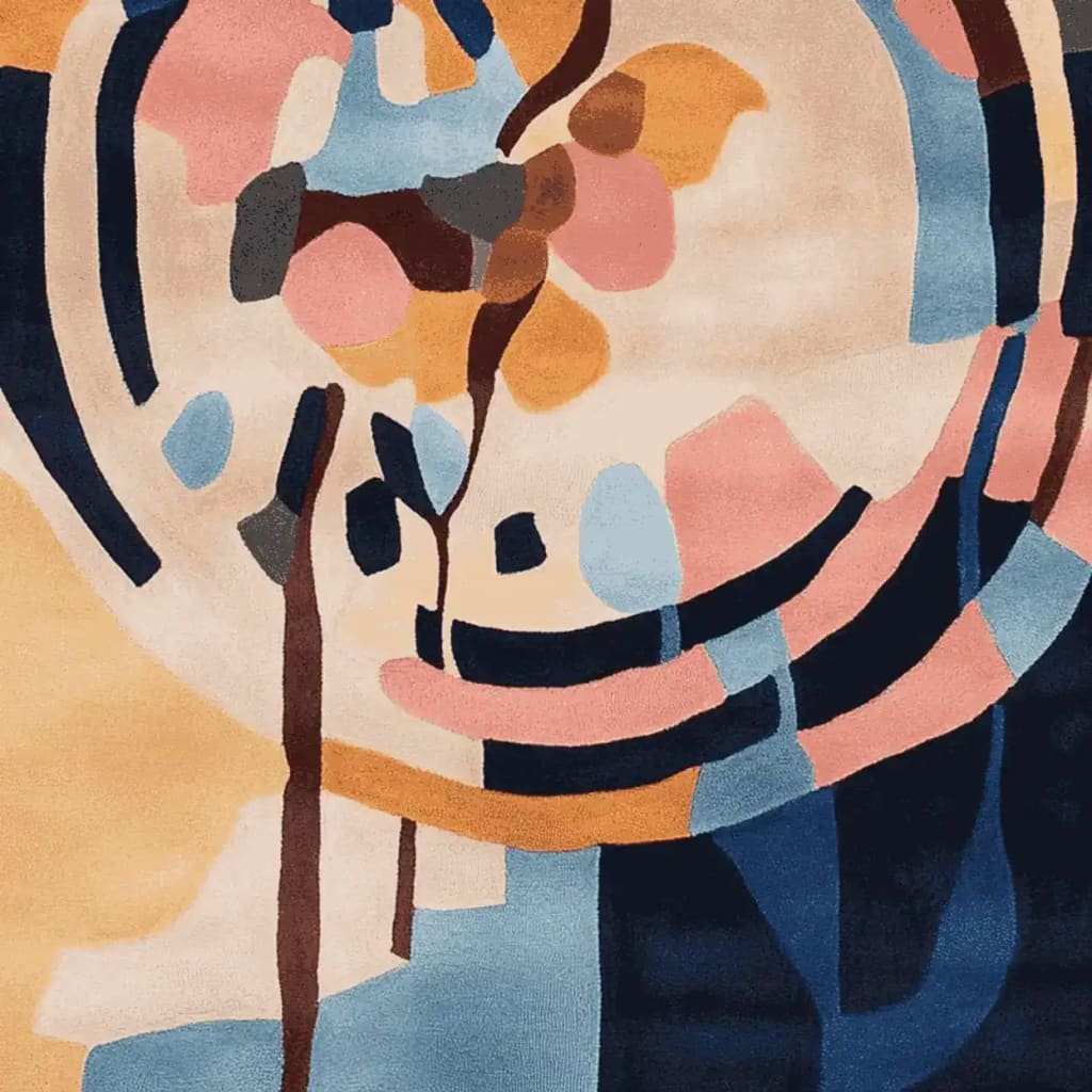 A contemporary area rug with an abstract design featuring a mix of bold colors like blue, pink, and orange, perfect for large living rooms. This hand-tufted wool rug adds a modern touch to your home decor, ideal as an area rug for living rooms.