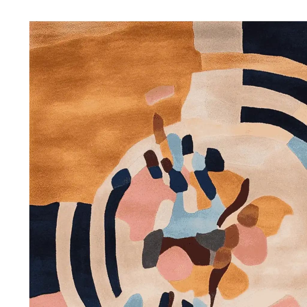 A contemporary area rug featuring an abstract design with vibrant colors like mustard yellow, navy blue, and soft pink. This hand-tufted wool rug is perfect for adding a modern touch to large living rooms, showcasing a unique circular flow pattern.