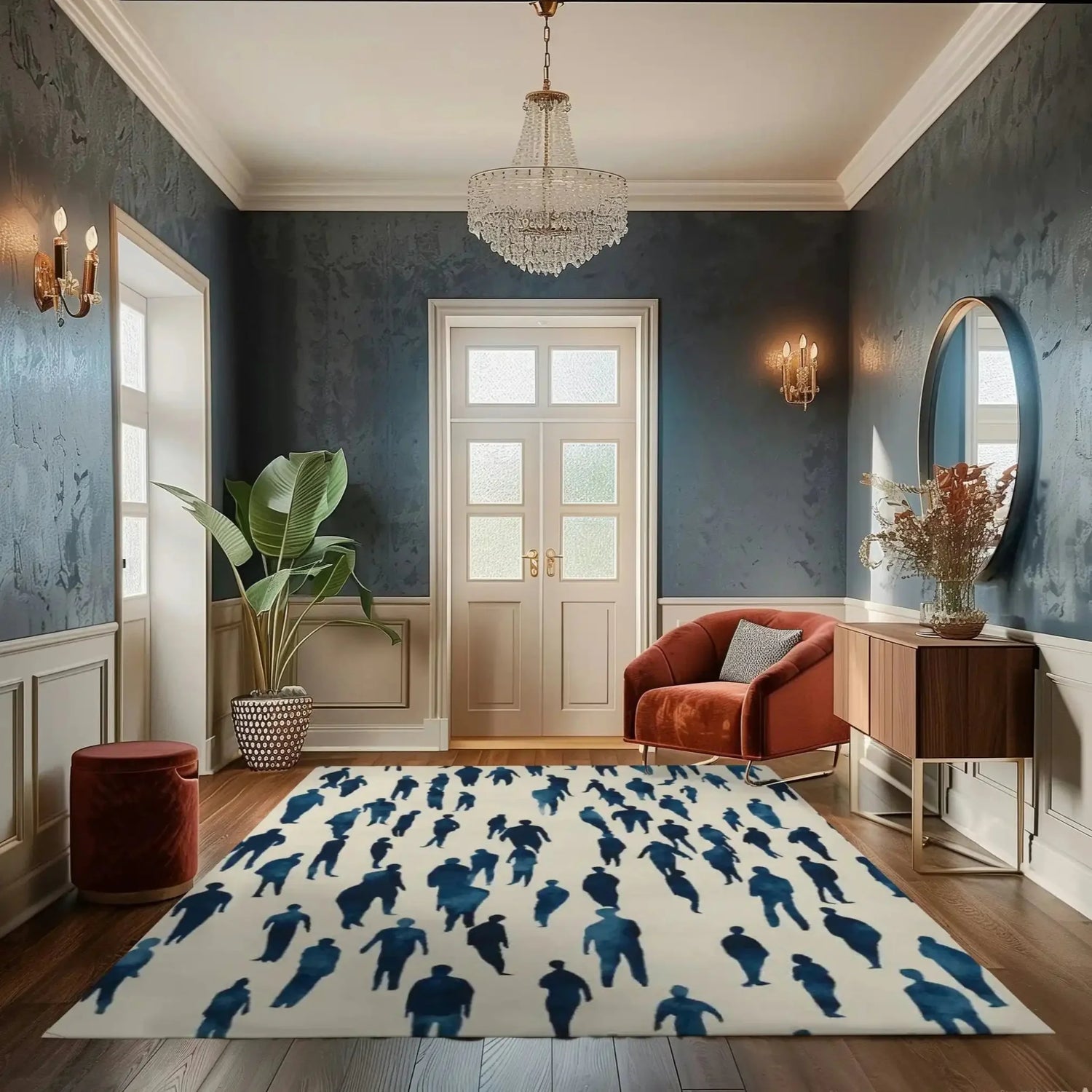 This elegant area rug, titled 'Cityscape Crowd Hand Tufted Rug', graces a sophisticated living room setting. Its abstract design features silhouettes of people in shades of blue, perfect for adding a modern touch to formal dining room rugs or a dining table rug. The wool rug enhances the room's ambiance, complementing the plush armchair, sleek sideboard, and the chandelier above.