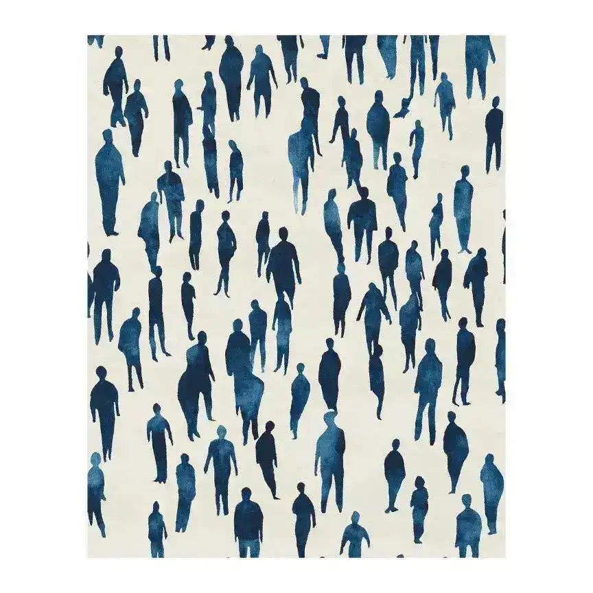 A stylish area rug featuring a unique cityscape crowd design in shades of blue against a light background. Perfect for adding a modern touch to formal dining rooms or under a dining table, this wool rug seamlessly fits both dining room and living room settings.