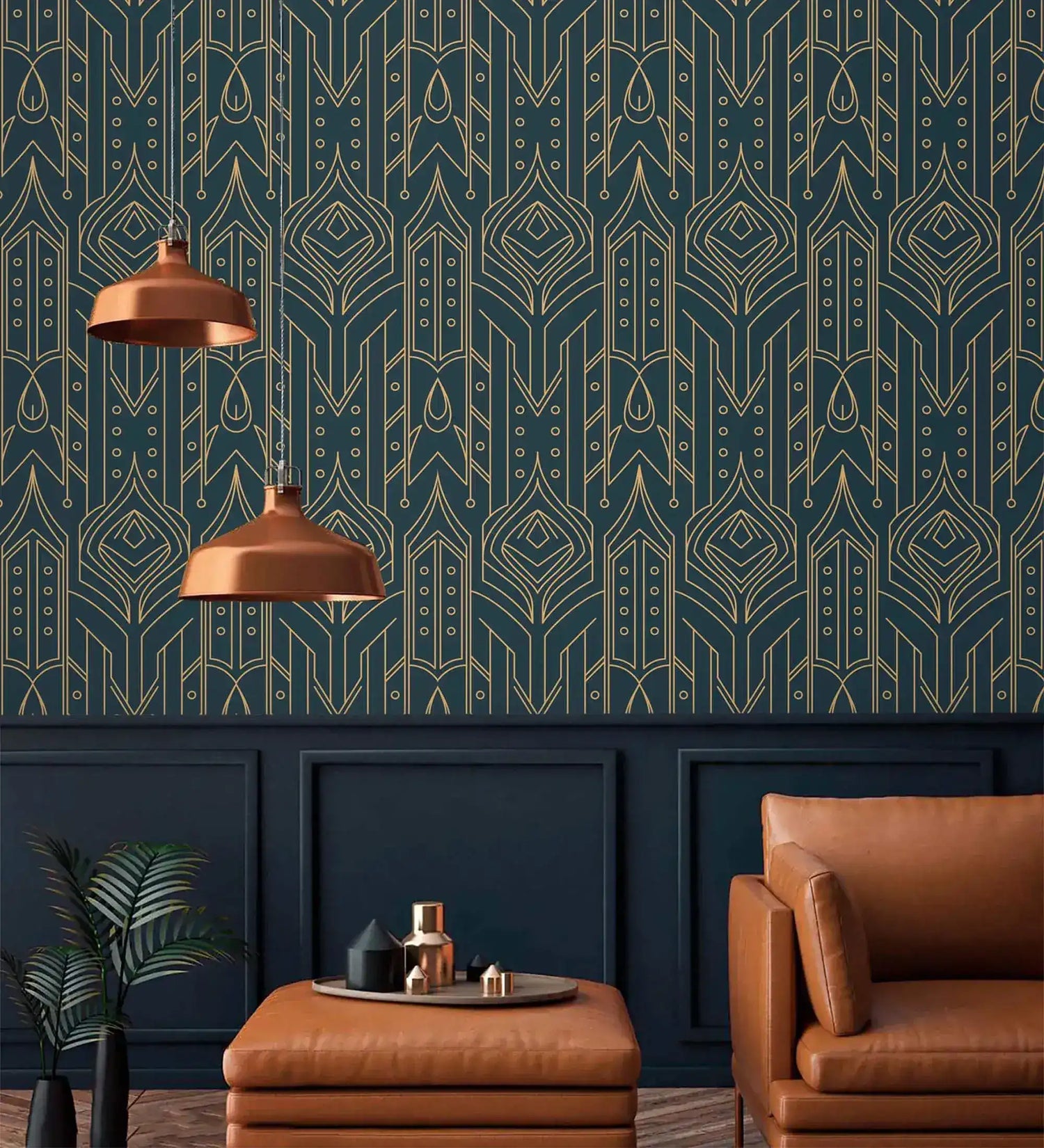 Cityscape glam wallpaper with gold Art Deco lines on navy above dark paneling, copper pendant lights, tan leather chair