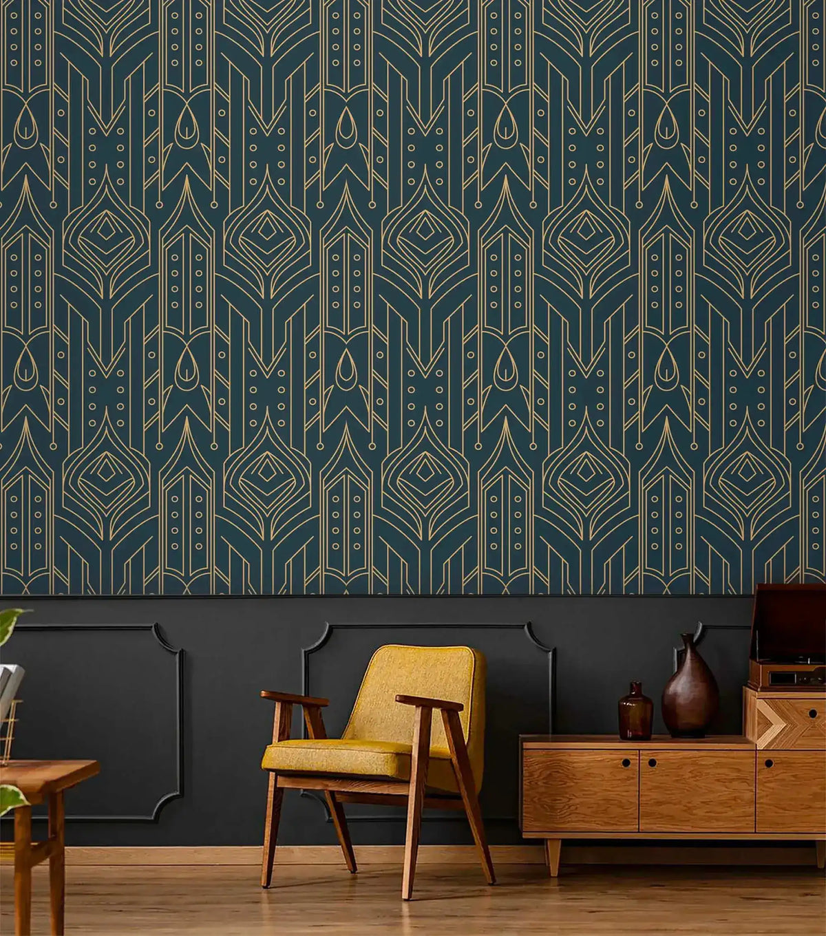 Cityscape glam wallpaper with gold geometric Art Deco pattern on navy above dark wainscoting and a mustard retro chair