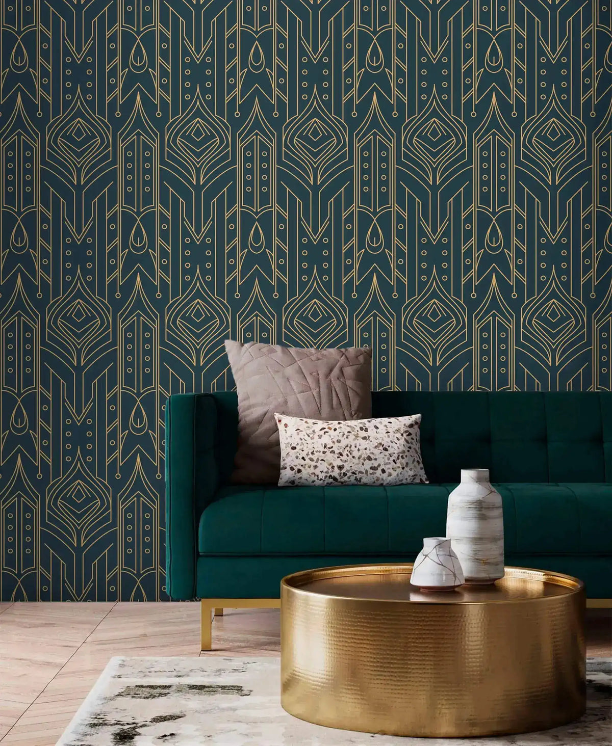 Cityscape glam wallpaper with gold Art Deco geometric lines on navy behind a teal tufted sofa and gold drum coffee table