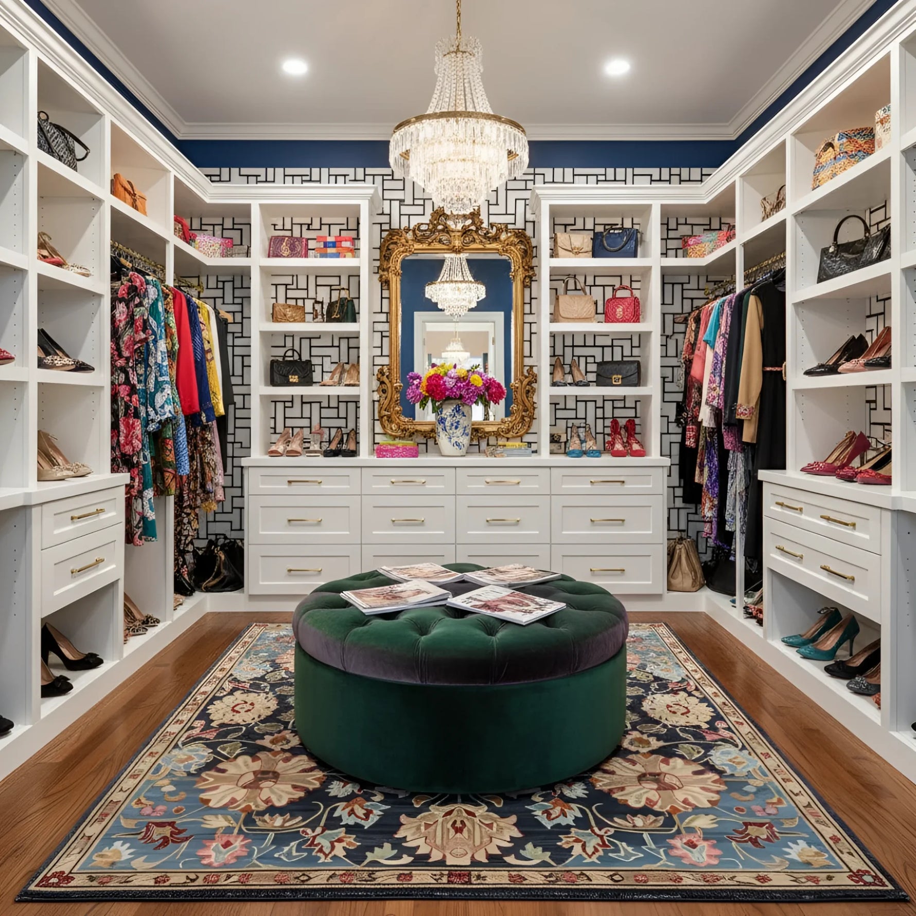 Luxurious walk-in closet with white shelves, a blue traditional floral wool rug, clothing, and decorative elements.