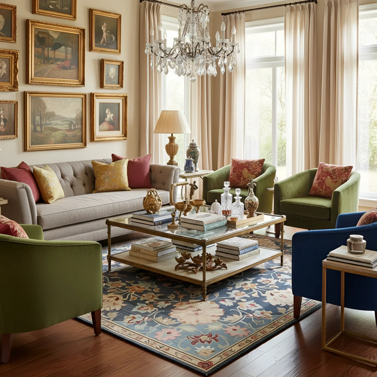 Living room with a chandelier, framed art, a vintage inspired floral wool rug, and colorful furniture.