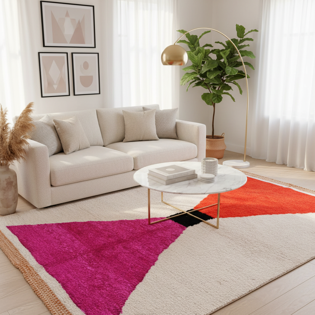 Modern living room with a beige sofa, coffee table, and colorful rug.
