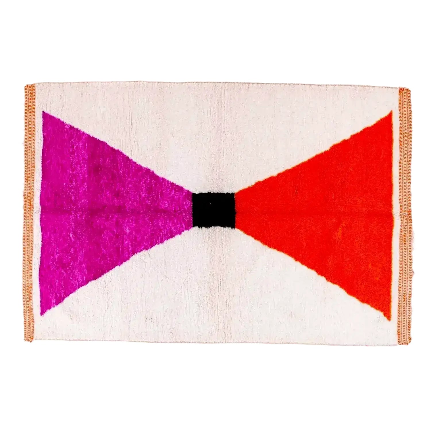 Vibrant Classic Bow Moroccan Berber Handwoven Wool Runner Rug in Pink, featuring a bold geometric design with contrasting colors. This versatile wool rug is perfect for adding a boho touch to your kitchen, hallway, or bathroom as a runner rug.
