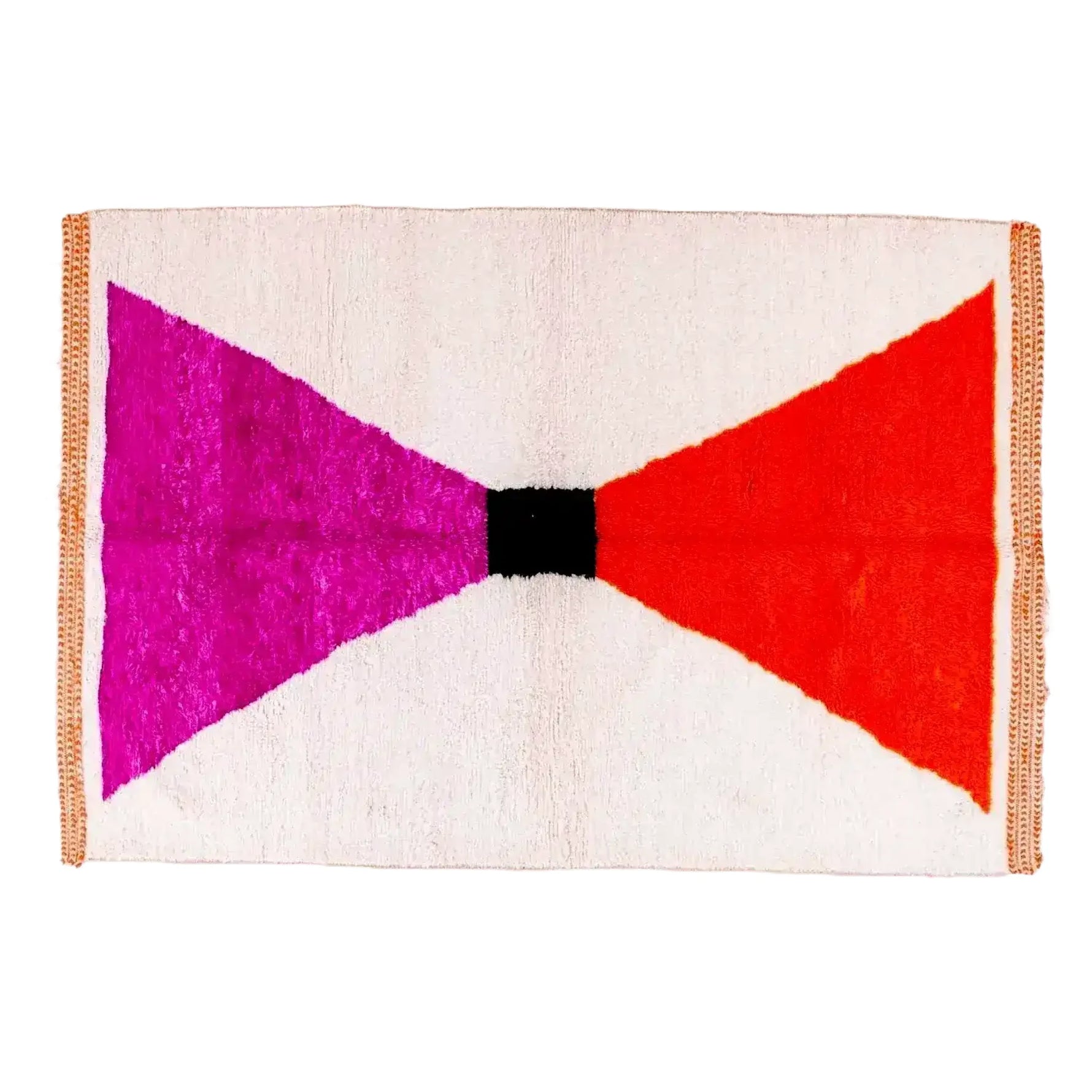 Vibrant Classic Bow Moroccan Berber Handwoven Wool Runner Rug in Pink, featuring a bold geometric design with contrasting colors. This versatile wool rug is perfect for adding a boho touch to your kitchen, hallway, or bathroom as a runner rug.