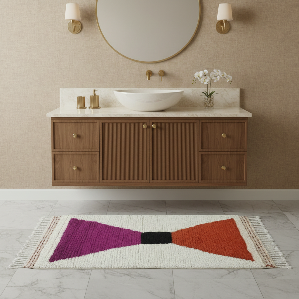 Bathroom with wooden vanity, round mirror, and colorful bow-shaped rug on floor.